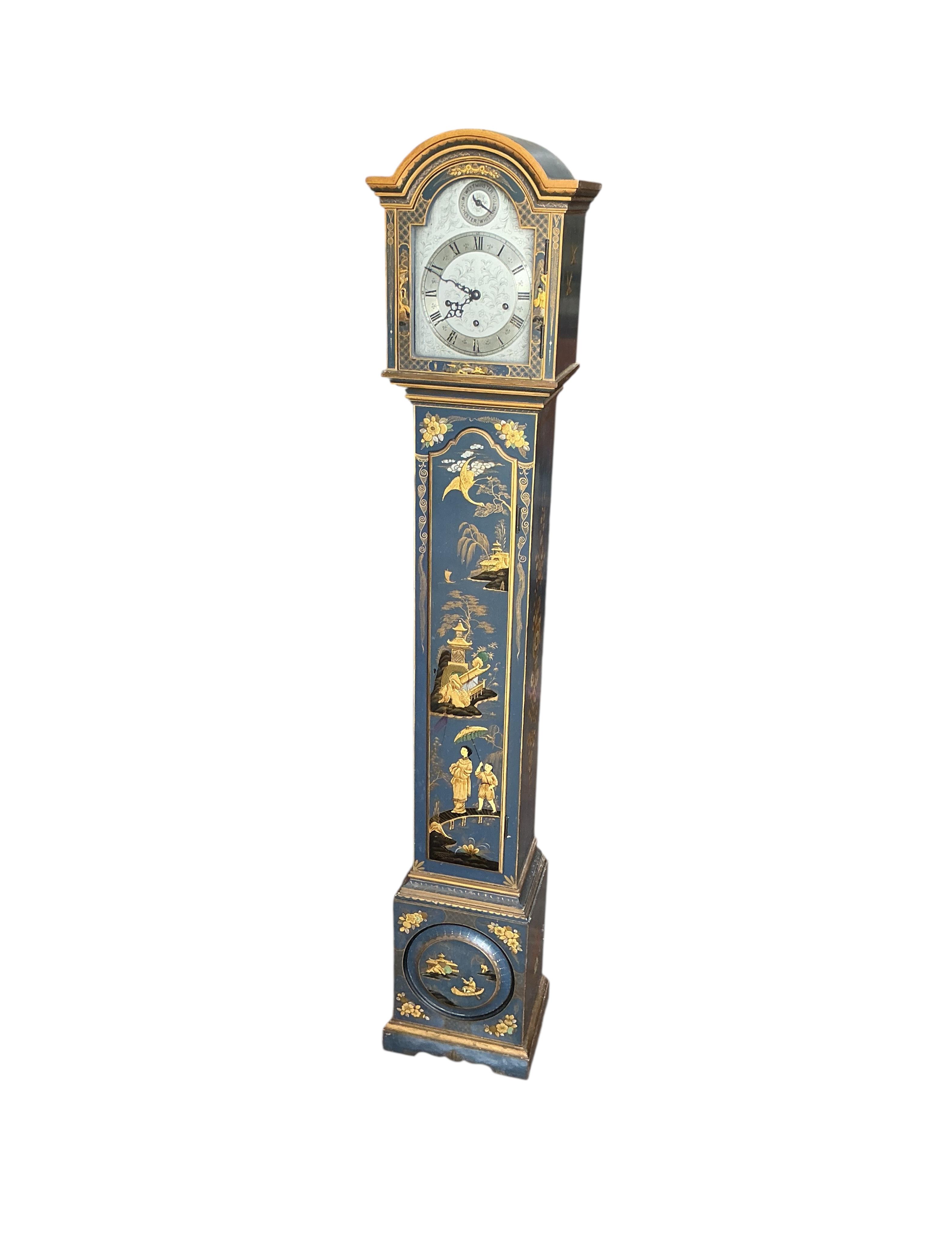 An early 20th century chinoiserie lacquer grandmother clock with silvered dial, height 172cm